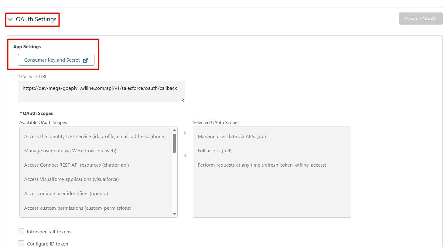 App Settings - Consumer Key and Secret