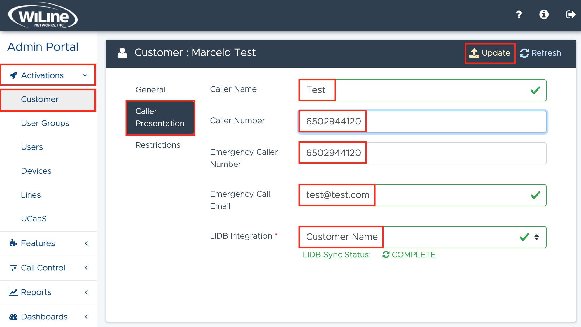 Update Caller Presentation Settings