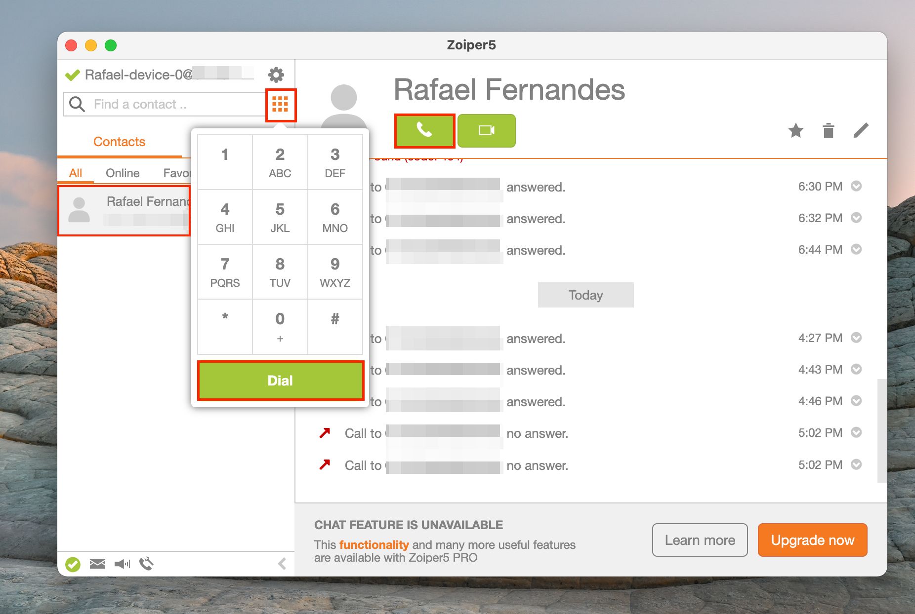 Placing a call on Zoiper