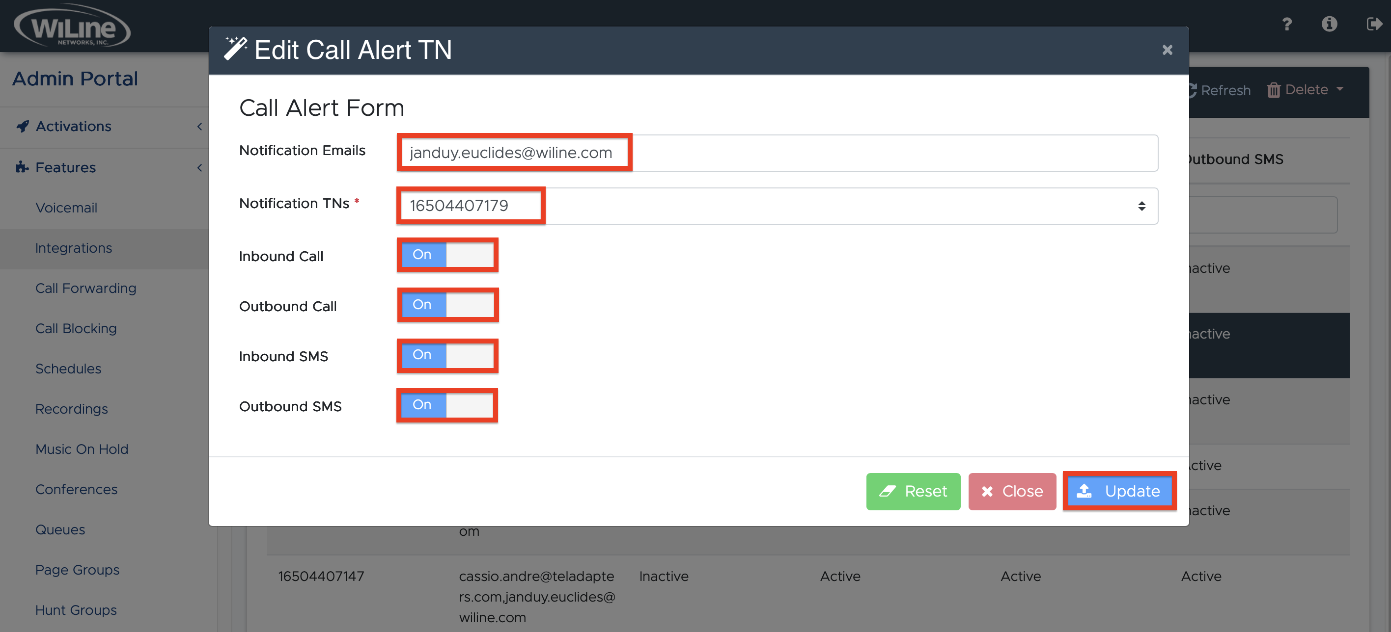 Edit Call Alert Integration